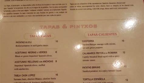 Casa Lopez Tapas Bar menu in Laredo, Texas, USA