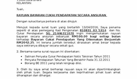 Contoh Surat Rayuan Pengurangan Bayaran Cukai Taksiran