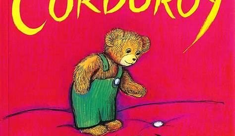 a green and white poster with a teddy bear in it's arms, reading corduroy