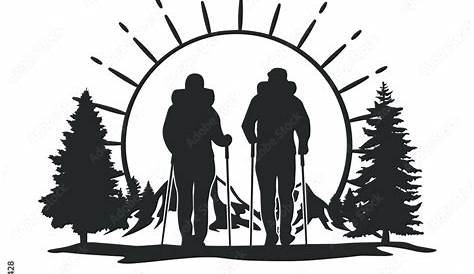 Hiking Couple With Rucksacks In Park Silhouette Illustrations, Royalty
