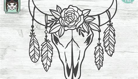 Boho Longhorn Cow Skull with Feathers and Flowers Peach on Grey