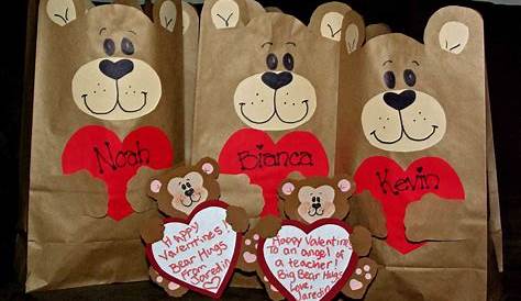 Decorated Valentines Bag Three Brown Paper With Teddy Bears On Them And