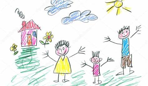 Disegno fatto da un bambino, famiglia felice in campagna — Foto Stock