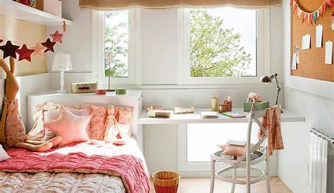 Habitación juvenil con estores de color beige en la ventana, alfombra y