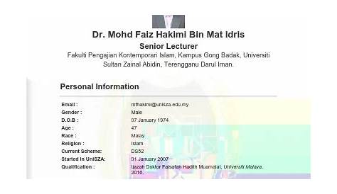 CURRICULUM VITAE DR. ZUBIR BIN IDRIS