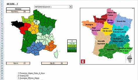 Carte Excel des régions et départements de France avec coloration selon