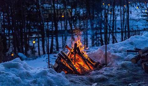 Feuer Brennt Im Schnee Im Wald, Auf Einem Hintergrund Von