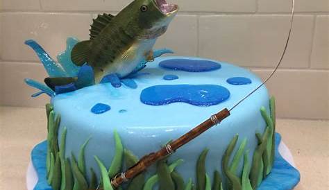 there is a blue cake that has gone fishing on it
