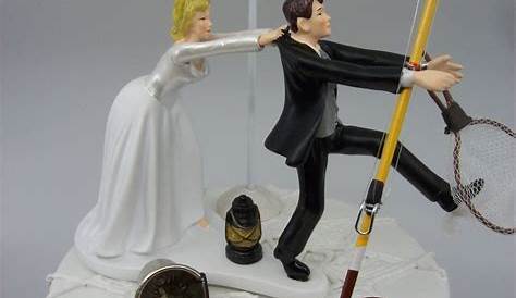 No FISHING Come back ! Funny Wedding Cake Topper Bride and Groom Angler