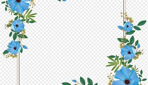 Floral border with blue flowers and green leaves on the white