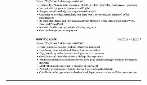 Cv Of Food And Beverage / Food Beverage Assistant Resume Samples Velvet