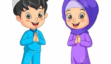 Kartun Anak Laki Laki Dan Perempuan Muslim Yang Bahagia, Ramadan, Muda