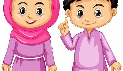 Kartun Anak Laki Laki Dan Perempuan Muslim Yang Bahagia, Selamat, Puasa