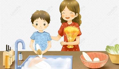 Kanak-kanak Yang Membantu Ibu Untuk Mencuci Pinggan Mangkuk gambar