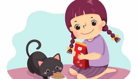 Gadis Memberi Makan Kucing Peliharaannya Bw Ilustrasi Stok - Unduh