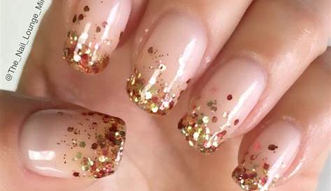Glitter Fall Nails Gel Copper Shimmer Off White Stamped Leaves And