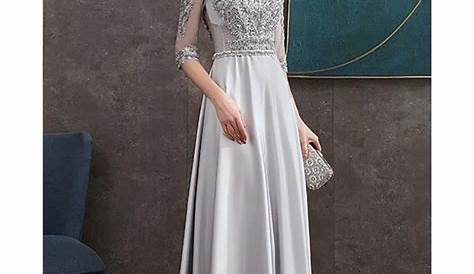Beaded High Neck Long Grey Satin Formal Dress Elegant With Sheer Half