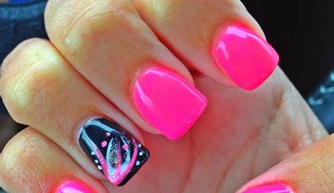 Hot Pink Nails With Black Design & Luv