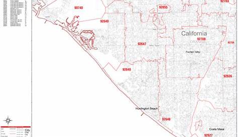 Huntington Beach California Zip Code Wall Map (Red Line Style) by