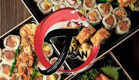 the menu for sushi is shown in red and black