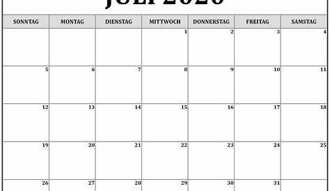 Juli 2020 Kalender mit Feiertagen