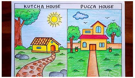 Kutcha house and Pucca house simple Drawing for kids YouTube