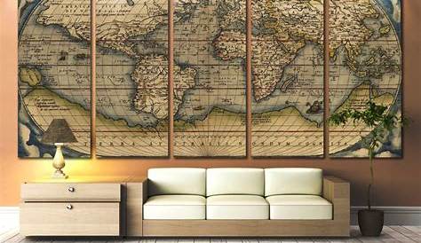 Large Vintage World Wall Map canvas art print on 4 panels