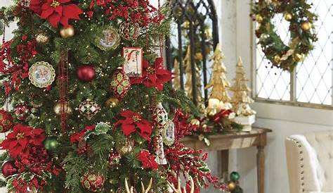 raz christmas tree, classic christmas tree, red poinsettias, gold