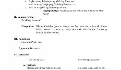 Lesson Plan Sa Filipino Tungkol Sa Maikling Kwento