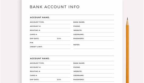 Lists & Log Printables, Bank Account Information Sheet, Credit Card