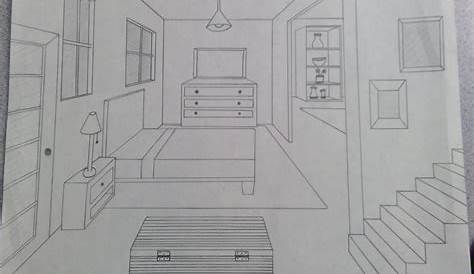 One Point Prespective Drawing Home Bed Room - Full Image