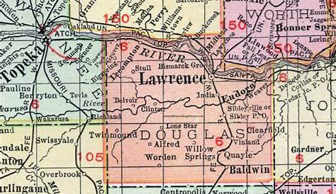 Douglas County, Kansas, 1911 Map, Lawrence, Eudora, Baldwin City