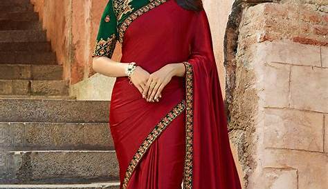 Maroon Colour Saree With Green Blouse Women's And Color Printed Chanderi Silk