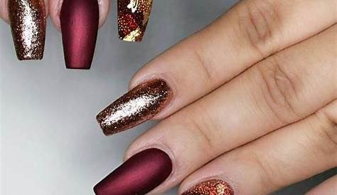 Matte Maroon Nails With Glitter Long Coffin Burgundy & Gold Red