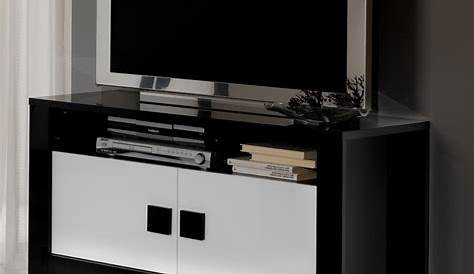 Meuble Tv Noir Et Blanc Verre ELIO TV LED Contemporain Brillant