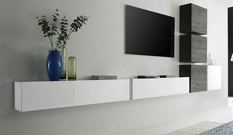 Meuble Tv Suspendu Blanc Design Mur Et Bois, Et Bois