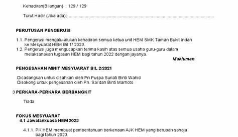 Contoh Minit Mesyuarat Kurikulum Kali Pertama 2021 - IMAGESEE