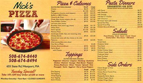 Nick's Pizza menu in Westport, Massachusetts, USA