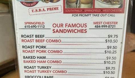 Old Original Nick's Roast Beef menu in West Chester, Pennsylvania