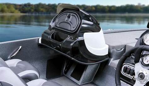the interior of a motor boat with steering wheel and pedals in front of it