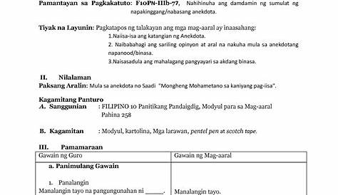 Lesson Plan - I- LAYUNIN A. Pamantayang Pangnilalaman: Naipamamalas ng