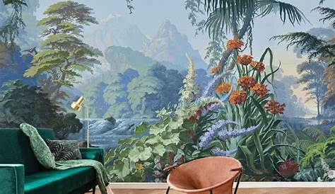 Papier Peint Panoramique Paysage Ancien Jungle Xxl Salon Sépia Grisaille Bleu Vert