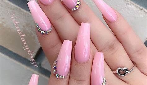 Pink Long Acrylic Nails With Rhinestones 24 Hot Coffin Design For Valentine's