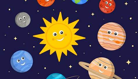 Bright cartoon of solar system on deep space