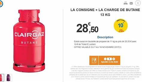 Prix bouteille de gaz Leclerc (Clairgaz) : recharge, consigne