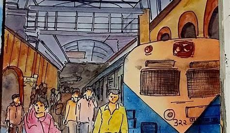 Railway Station Drawing In Watercolor By Artist Biki Das