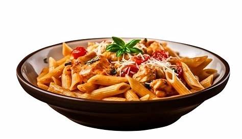 Penne pasta with tomato sauce, parmesan cheese and basil on transparent