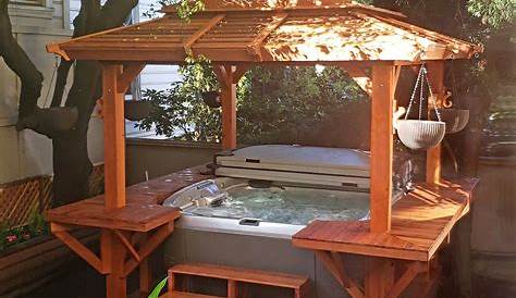 Redwood Hot Tub Surround Square Seated In A Deck With A Wooden Rolltop Cover