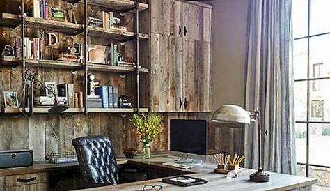 a home office with wooden walls and shelves