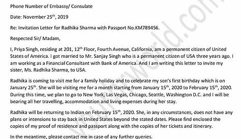 Sample Invitation Letter for Tourist Visa for Sister